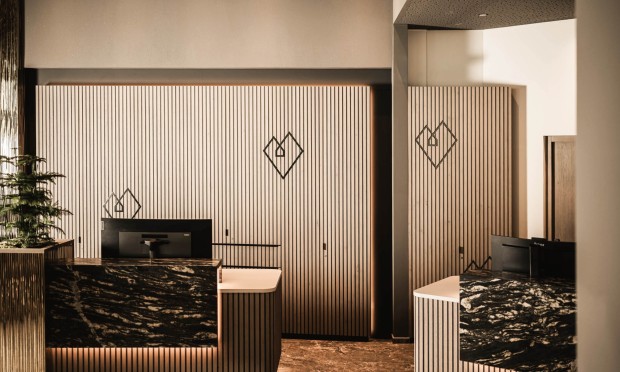 Ein schöner Empfang an der neuen Rezeption, Details, Holz, Feurstein Herz, Naturmaterialien.