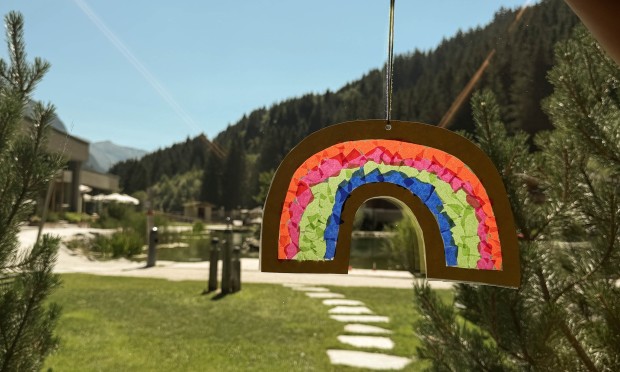 The finished rainbow is now hanging in the window and looks lovely.