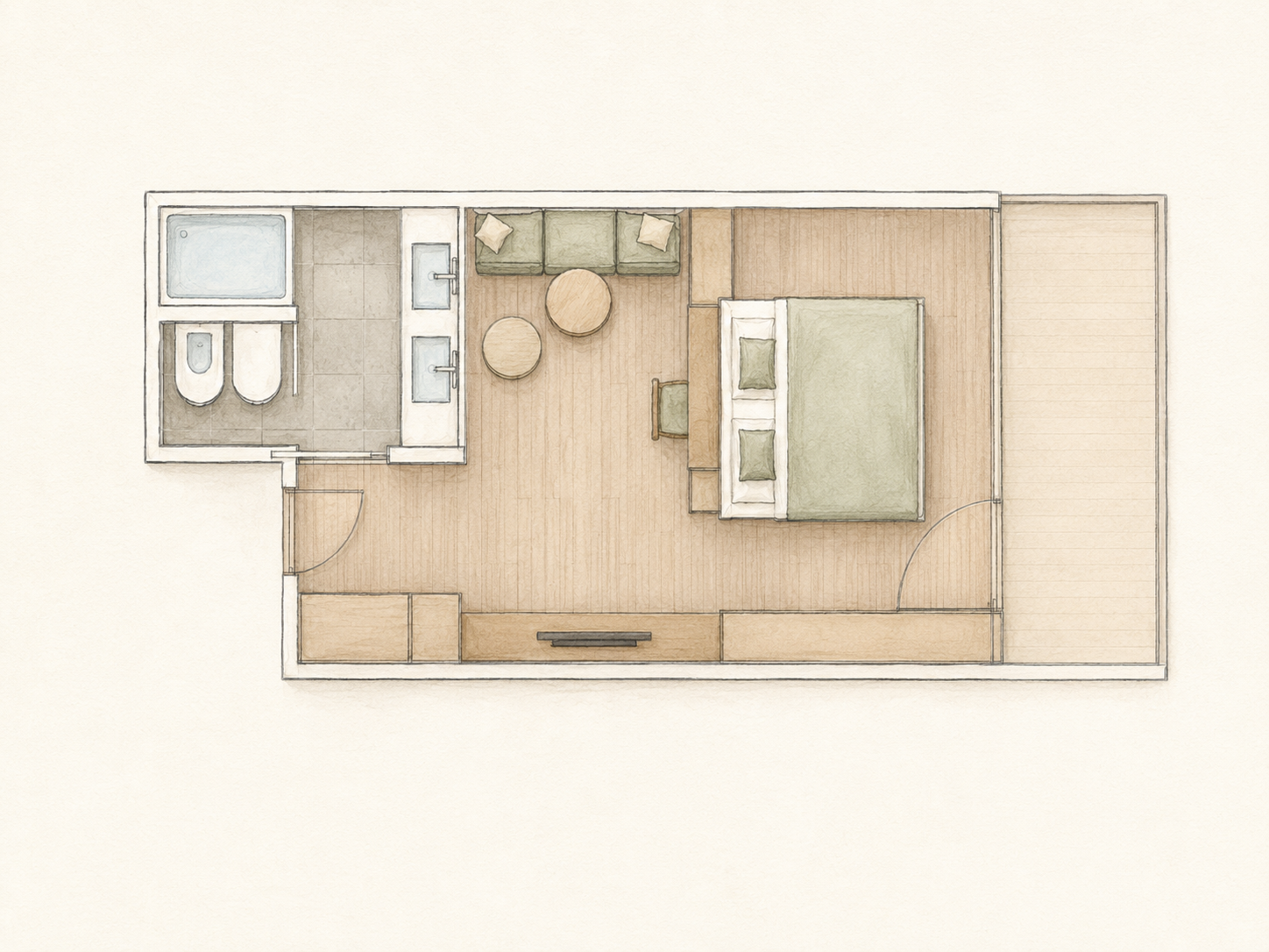 A floor plan of the Glimmer twin room with a clear layout