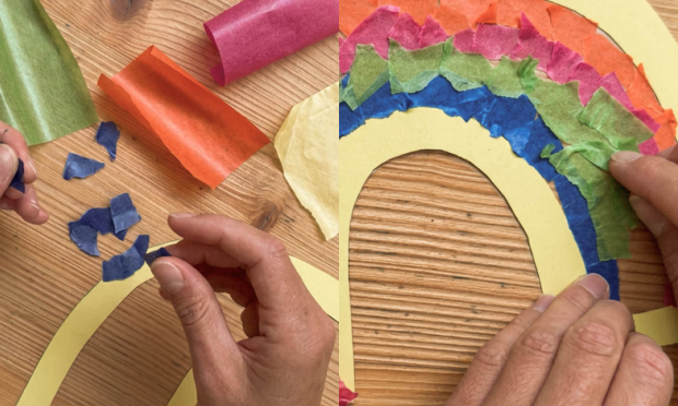 The colourful pieces of paper are stuck onto the sticky side.