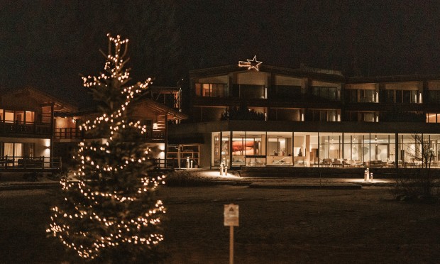 The Feuerstein illuminated at night