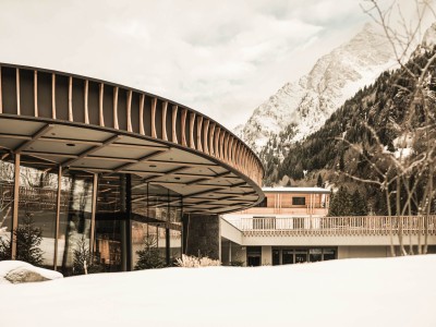 The exterior view of the new reception covered in snow.