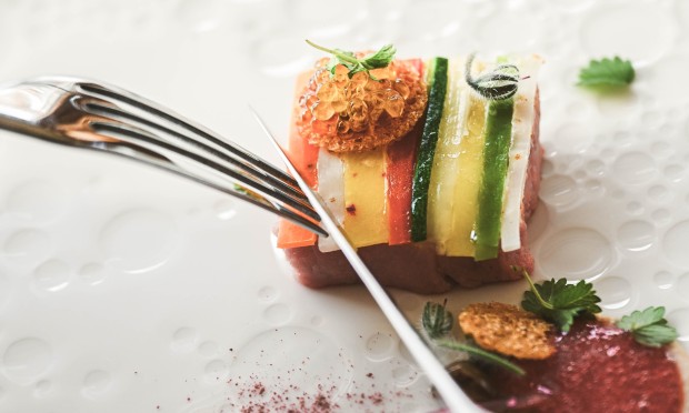 Gourmetgericht aus dem Menü Alitude. Sehr buntes Gericht