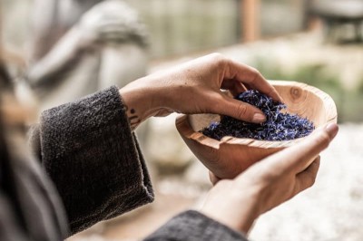 Mani che tengono una ciotola con alghe per trattamento corpo