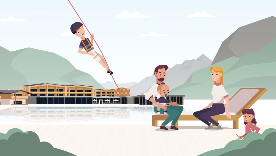 A fun digital illustration of a lakeside resort with people enjoying activities.