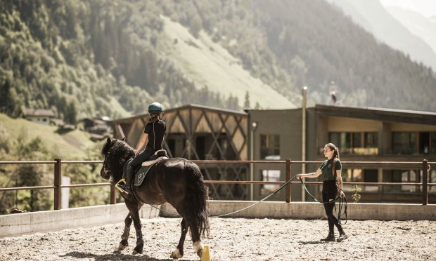 Dipendente guida un pony scuro nel recinto con panorama di montagna al Feuerstein.