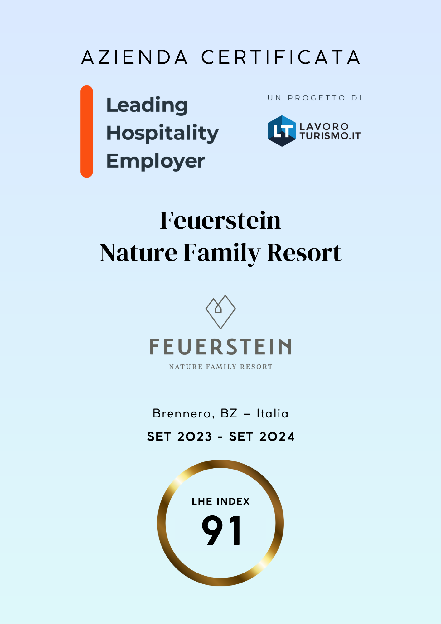 Certificato con logo Feuerstein e titolo Leading Hospitality Employer indice 91