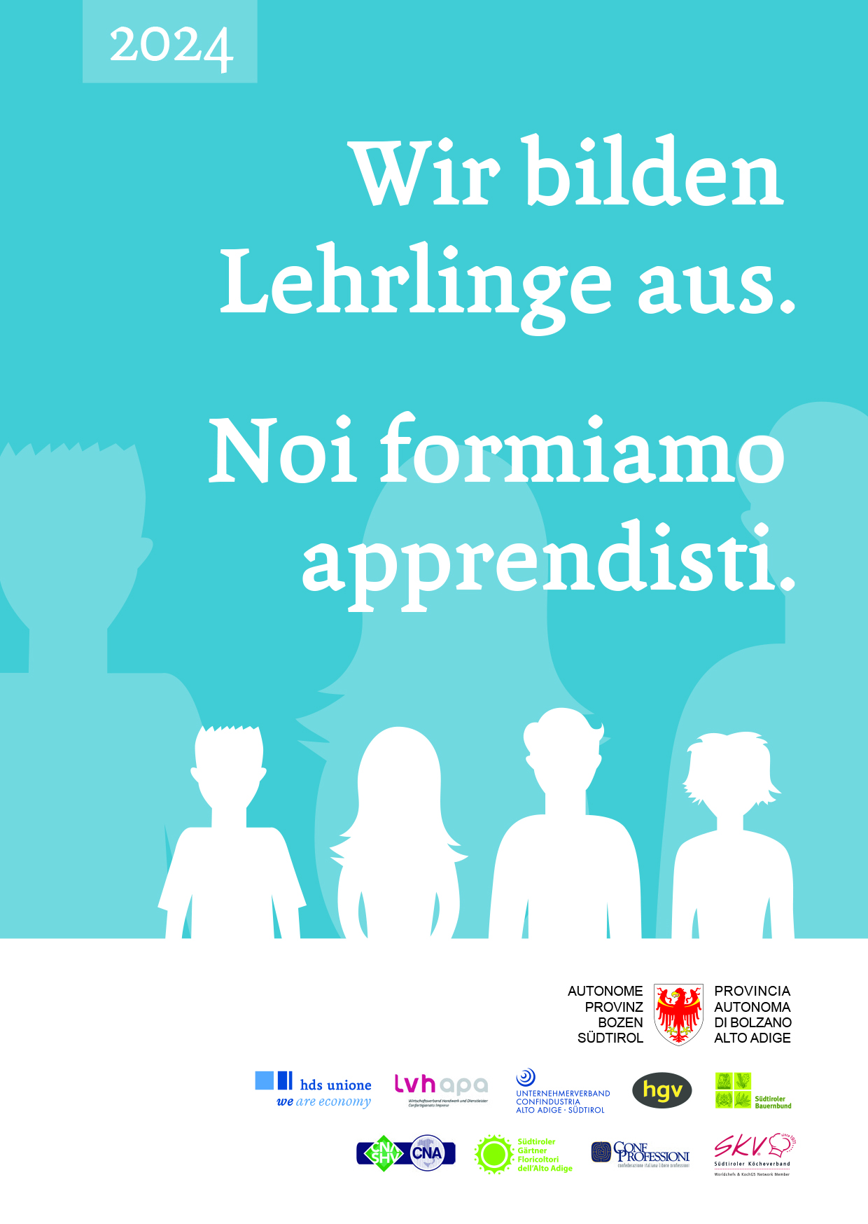 Locandina azzurra con sagome di apprendisti e testo 'Noi formiamo apprendisti'