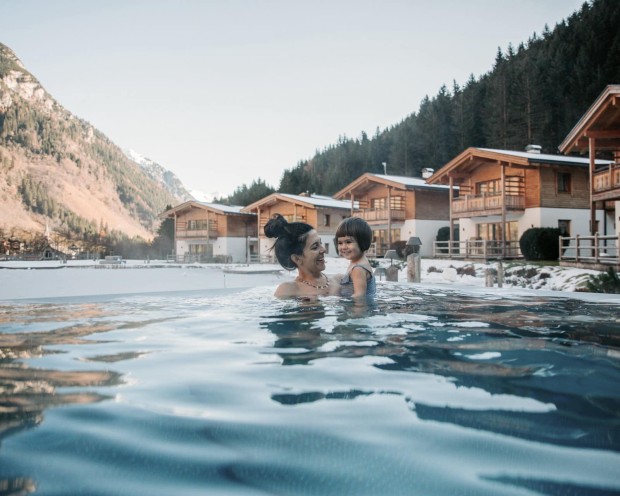 Infinity pool with mom and child