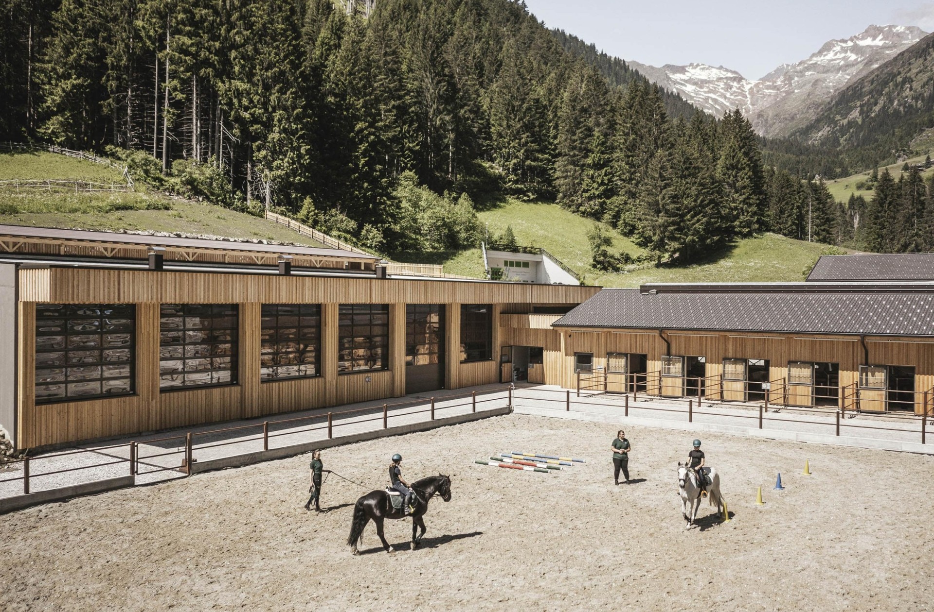 The equestrian centre at the Feuerstein horse riding resort in South Tyrol