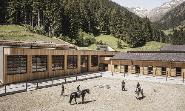 The equestrian centre at the Feuerstein horse riding resort in South Tyrol