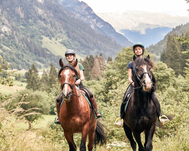 2 Personen reiten auf 2 Pferden durch den Wald