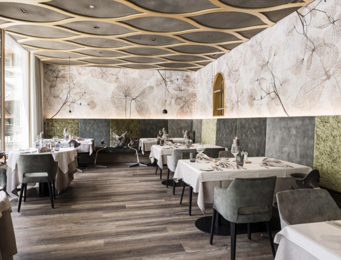 Modern dining room at the Feuerstein family hotel in South Tyrol