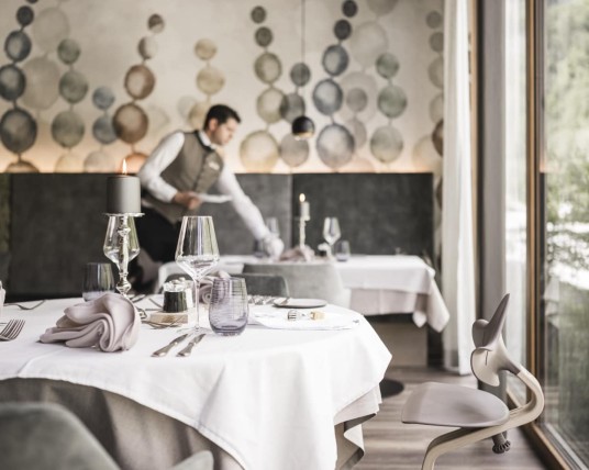 Dining room at the Feuerstein family hotel in South Tyrol