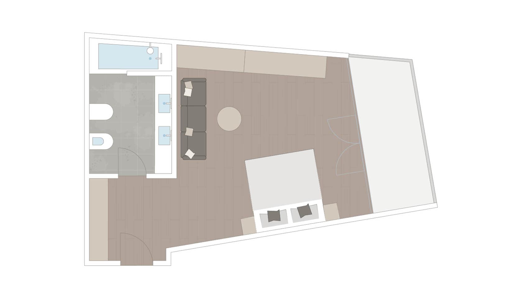 A floor plan of a spacious hotel room with a well-organized layout.
